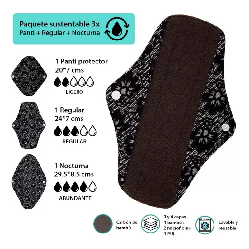 Deluxe Paquete 3 Toallas Sanitaria Ecológica Femenina Reutilizable