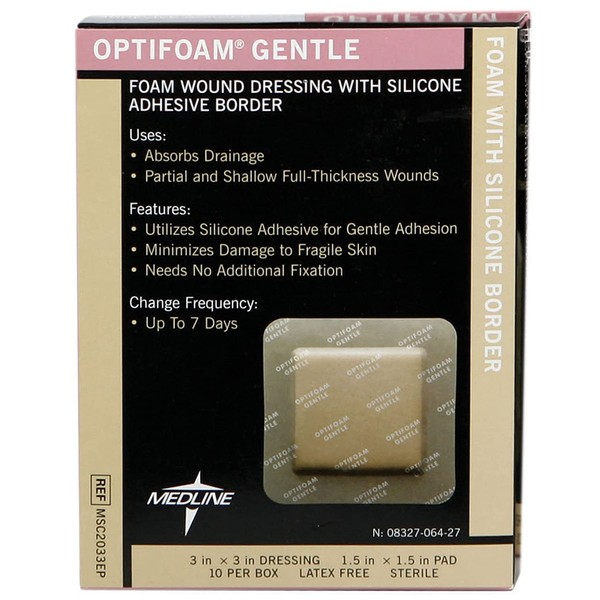 Medline MSC2033EPZ Optifoam Gentle Border Adhesive Dressings, 3" x 3" (Pack of 10) Packaging may vary