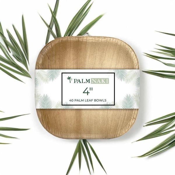 PALM NAKI Eco-Friendly Palm Leaf Plates - 4-Inch Square - Bamboo Style (40 Pack), Sustainable, Decorative & Compostable Tableware (4")