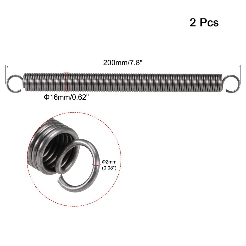 TOP-VIGOR 2Pcs Extension Compressed Spring,2mm Wire Dia, 16mm OD, 200mm