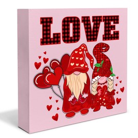 Valentines Love Decor - Valentine Gnomes Love Wood Box Sign Valentines Wood Block Sign Desk Decorations for Home Bedroom Tabletop Shelf - 5 X 5 Inches