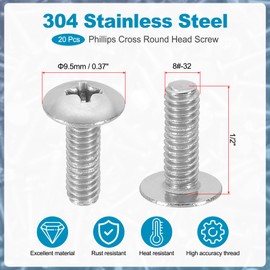 PATIKIL 8#-32x1/2 Truss Head Screws, 20Pcs Phillips Head Wood Sheet Metal Screws UNC 304 Stainless Steel Screw Fasteners for Household Appliances, Furniture, Ceiling Fan Blade