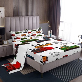 Vintage Train Bedding Set Twin Size Cartoon Train Car Bed Sheet 3Pcs for Kids Boys Girls Room Decor Transportation Vehicles Fitted Sheet Yellow Red Green Train Top Flat Sheet,1 Pillowcase