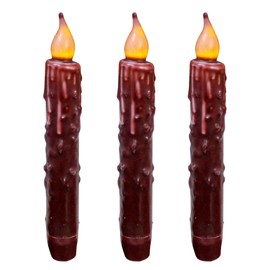 CVHOMEDECO. Real Wax Hand Dipped Battery Operated LED Timer Taper Candles Country Primitive Flameless Lights Décor, 6-3/4 Inch, Burgundy, 3 PCS in a Package