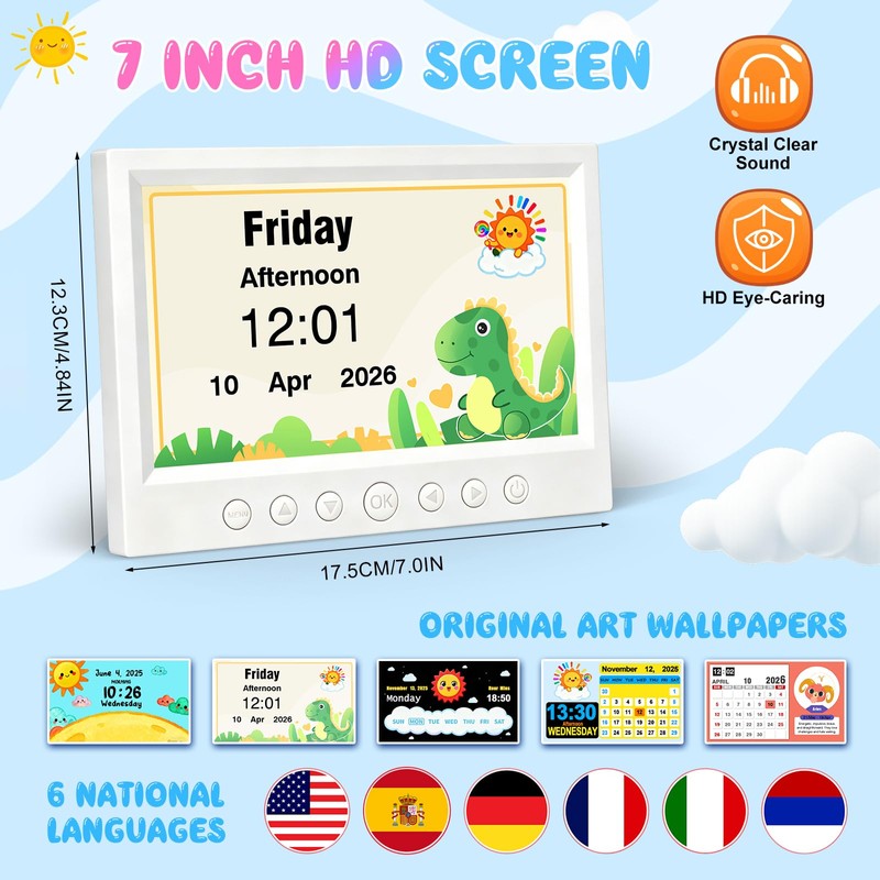 Kids Digital Alarm Clock with 7" Touchscreen, Custom Reminders &