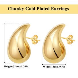 Chunky Gold Hoop Earrings Lightweight Teardrop Earrings for women Hypoallergenic Gold Plated Earrings for Women Chunky Earrings Gold Tear Drop Earrings Fashion Jewelry for Women Girls (Gold)