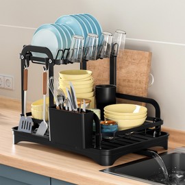 Romorgniz Large Self-Draining Dish Racks for Kitchen Counter，2 Tier Dishes Drying Rack with Cup Storage and Chopping Board Stand,Dish Racks for Categorized Storage of Multiple Types of Kitchenware