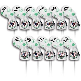 Big Teeth Golf Iron Covers Headcovers Set 11 Pieces (4-9, P, A, S, L, X) Number Embroidered Long Neck Elastic Closure Clover Embroidery Synthetic Leather White