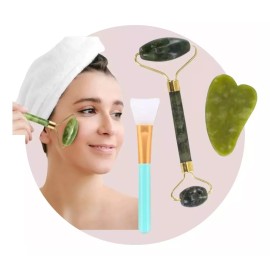 KFMX Kit Rodillo Jade Guasha Y Espátula Aplicadora Facial Cuidado