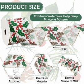 JarThenaAMCS Christmas Glitter Wired Edge Ribbon Roll Watercolor Holly Berry Pinecone Ribbon Xmas Mistletoe Fabric Ribbon for Wreath Bow Making DIY Crafts Gift Wrapping, 12 Yard