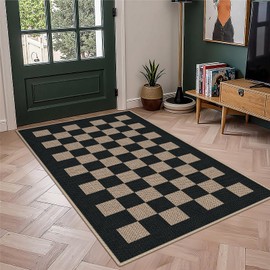 GKQOOKQ Easy Jute 3x5 Black Checkered Area Rug,Washable Entryway Rug, Modern Diamond Door Carpet,Neutral Non-Slip Outdoor Indoor Farmhouse Rug for Living Room Kitchen Patio Bedroom