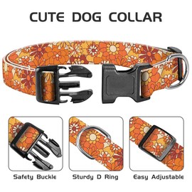 BAYCUFKQ Dog Collar, Cute Pet Collar Adjustable for Large Dogs, Soft Dog Collars with Quick Release Buckle for Walking Running Boho Orange Flowers