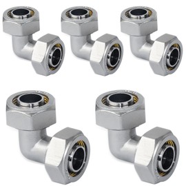 5PC Elbow Air Piping Fittings, 3/4" x 3/4" Tubing, Brass-Nickel Plated, 200PSI, Air Tubing Fittings For Shop Garage Compressed Air line System Kit
