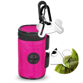 Dog Poop Bag Holder for Leash Attachment - Waste Bag Dispenser for Leash - Fits Any Dog Leash - Portable Set with Hand Free Holder Metal Carrier, Round Shape, Pink