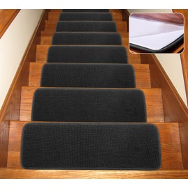 Seloom Non-Slip Stair Treads Carpet with Skid Resistant Rubber Backing Specialized for Indoor Wooden Steps, Removable Floor Rugs for Stairs(Black 13 Pieces,25.5×9.5In)