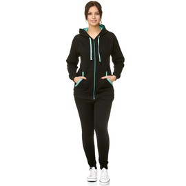 Violento 239-704 Women's Tracksuit With Hood And Tight Cuffs, Training Jacket and Jogging Bottoms, Comfortable and Sporty, Plain - Black Mint, size: l