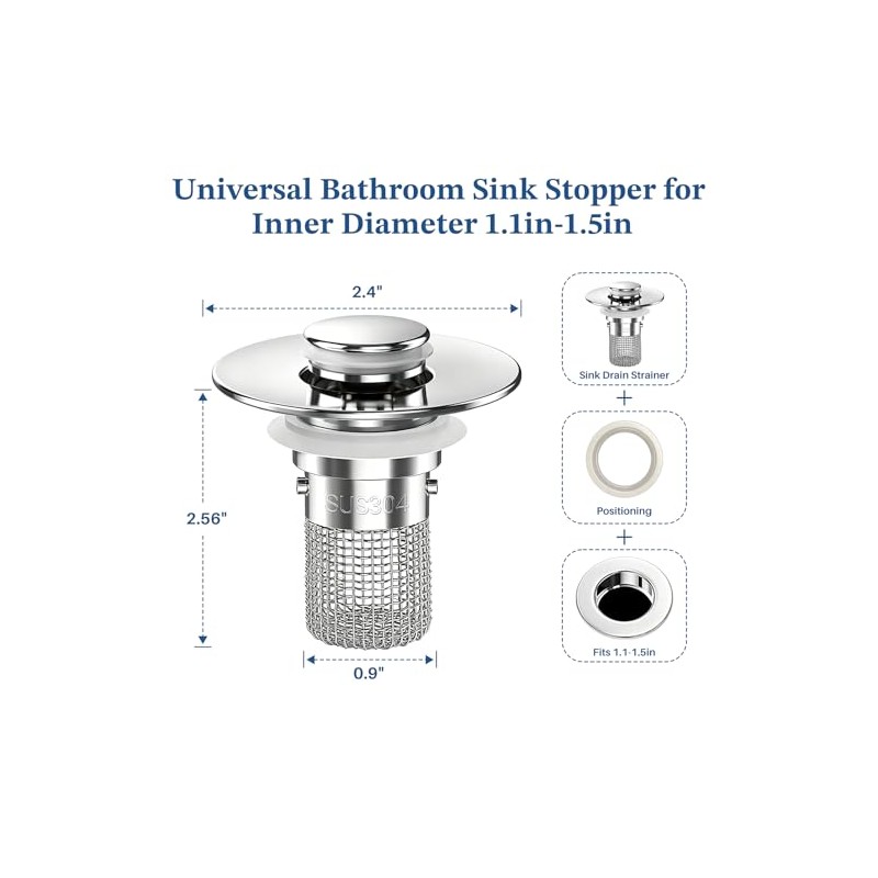 Premium Pop-Up Bathroom Sink Strainer with Removable Hair Catcher