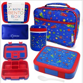 Bento Box with Thermo Stainless Steel Food Jar for Hot-Cold Food or Soup, Insulated Lunch Bag & Ice Pack Set for Kids or Toddlers. Ages 3-7, Blue Space Rockets