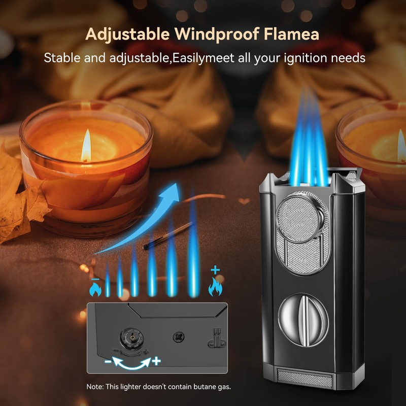 All-in-One Triple Torch Lighter, Built-in V Cutter, Holder, Adjustable Windproof