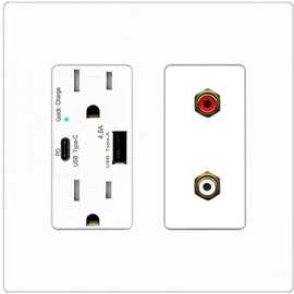 RiteAV 2 Port RCA (Red-White) Wall Plate - USB A+C Charger Outlet [Screwless White]