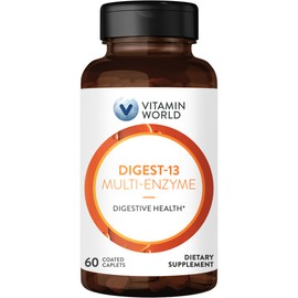 Vitamin World Digest-13 Multi-Enzyme, 1010mg Digestive Enzymes Blend with Amylase, Bromelain, Papain & Lipase for Digestion and Absorption, Digestive Enzymes for Bloating & Gas, 60 Caplets