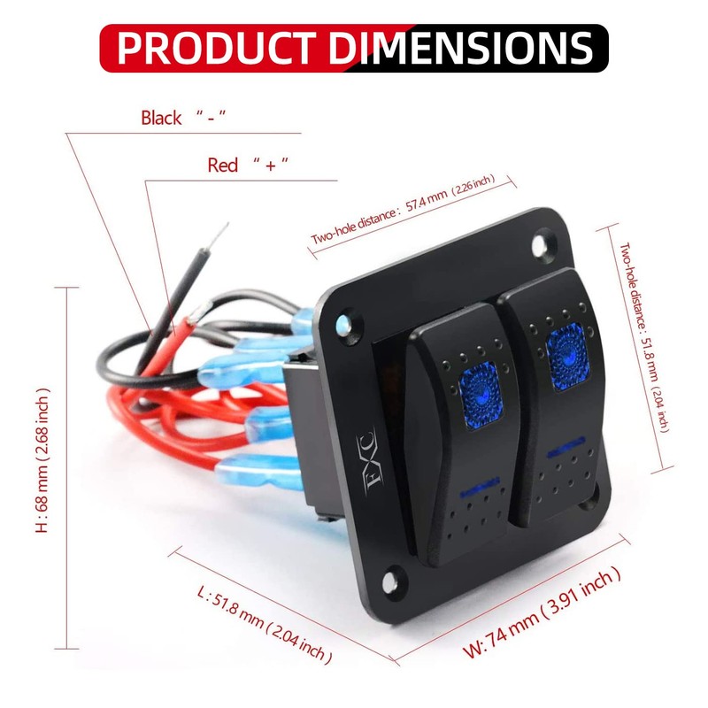 FXC Rocker Switch Aluminum Panel 2 Gang Toggle Switches Dash