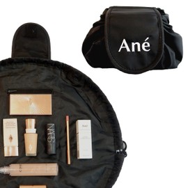 Ané Lazy Drawstring Make up Bag, Black Travel Cosmetic Organiser Pouch for Women