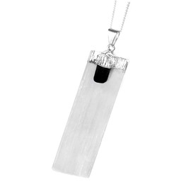 Black Tourmaline and Selenite Pendant on Sterling Silver Chain Necklace - Handmade by mmCrystals™ - Natural Stone Pendant Crystal Healing Necklace