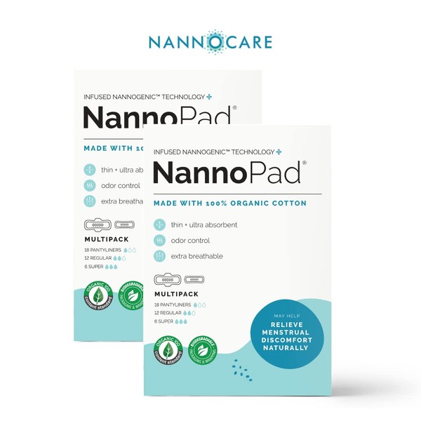 NannoPad Multipack Pads and Pantyliners - Certified Organic Cotton Pads - Regular, Super and Pantyliners for Full-Cycle Protection - Minimize Odors (36 Count (Pack of 2)) Nannocare