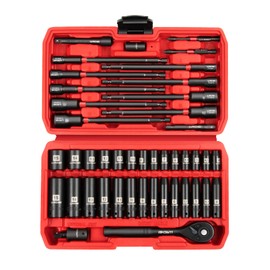 LLNDEI 1/4" Drive Socket set & Nut Driver Set 44PCS, 1/4-Inch Sockets Deep&Shallow Metric(4-15mm) with Ratchet, 1/4" Hex Shank 6" Long Nut Drivers(6-14mm) for Impact Drill Bits(PH1 PH2)