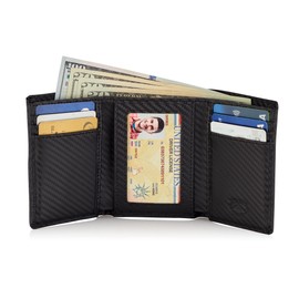 Stealth Mode Men's Leather Trifold Wallet with Airtag Holder and RFID Blocking (Carbon Fiber)