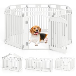 PETSITE 8-Panel Plastic Dog Playpen with Door, Portable Shape-Customizable Pet Playpen Indoor Outdoor, Ideal for Small & Medium Dogs and Puppies, Easy to Assemble, 76 x 26 x 32 Inches, White