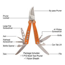 TIGER JAW P10 Multi 10-in-1 Tool Pocket Hand Bypass Pruner Snips, 10 tools plus a Sheath, 2 screwdriver sizes, awl, tab lift, bottle opener, saw, knife, philip screwdriver