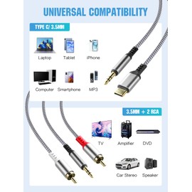 3.5mm and USB C to 2RCA 1/4 Audio Cable 4 in 1Multi-Function Type-C to 1/8RCA Nylon Audio Auxiliary Y Splitter Cable Compatible Headphones Hi-Fi Audio Tablets Laptops MP3 AUX Player 1 Pack 6.6ft