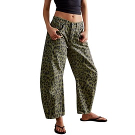 Cropped Pants for Women Cheetah Leopard Barrel Pants Mid Rise Y2k Boyfriend Vintage Wide Leg Baggy Denim Trousers with Pockets