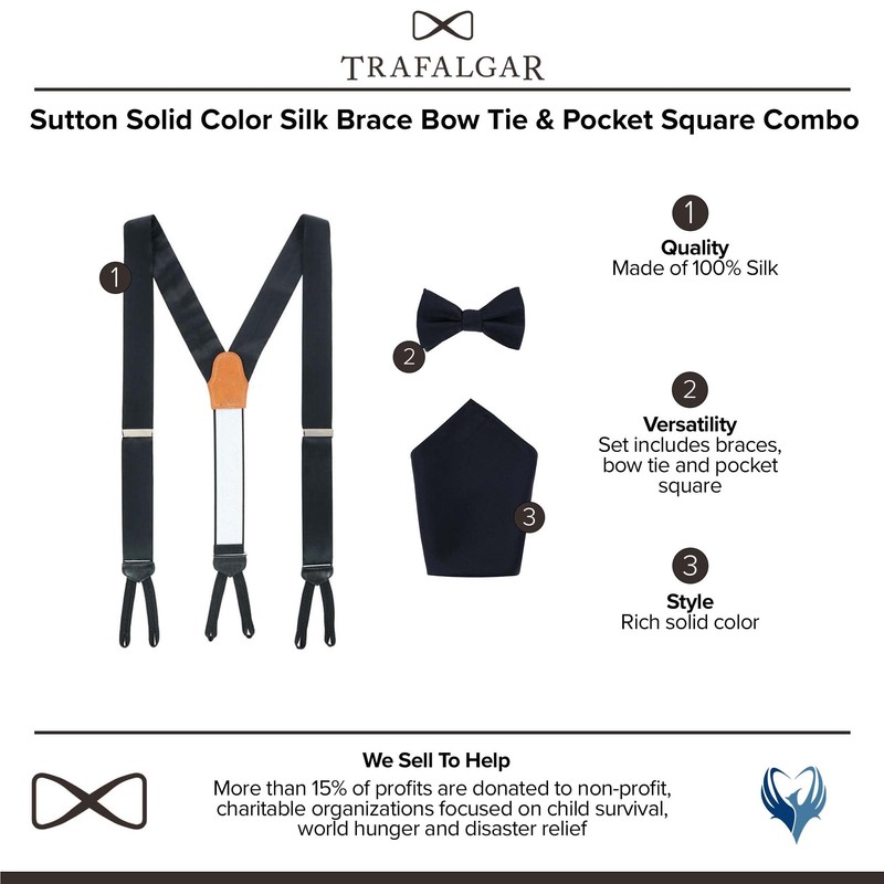 Trafalgar Sutton Solid Color Silk Brace Bow Tie & Pocket