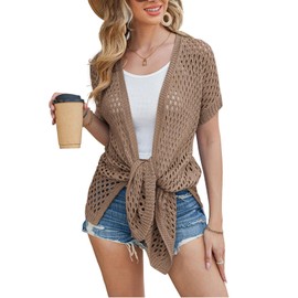 Long Cardigans for Women Trendy Short Sleeve Open-Front Summer Cardigan Knitted Swimsuit Cover Ups Cover Up Brown S