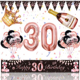 30th Birthday Women Decoration, Magiccute Birthday Decoration Girls Women Long Happy Birthday Banner Garland Bunting and Black Rose Gold Confetti Balloons Decoration Set