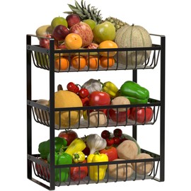 Webtrylics Fruit Basket for Kitchen Counter,Fruit Bowl,Countertop Organizer for Onion Bread and Snack Storage,Heavy Duty Metal Fruit Stand Holder with Liners (3 Tier)