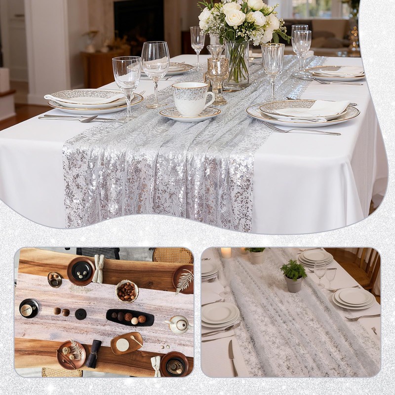 6PCS Silver Table Runner 10Ft Sheer Chiffon Fabric Cheesecloth Sequin