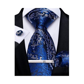 DiBanGu Conjunto de pañuelo y gemelos de seda para hombre con corbata y bolsillo, Royal Blue Silver Paisley, Talla única