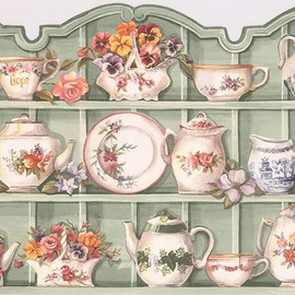 Concord Wallcoverings Vintage Porcelain Tableware Wallpaper Border Featuring Teapots Flowers and Plates, Colors Green White and Pink, Size 10 Inches by 15 Feet HH90224B