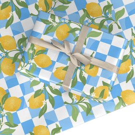 Lemon Checkered Birthday Wrapping Paper – Blue Gingham Design Gift Wrap – For Summer Wedding Parties, Baby Shower – Women, Girls – Recyclable by Dyefor - 2 Sheets (50 x 70cm)