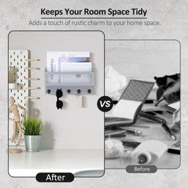 Nekon Mail and Key Holder for Wall Decorative, 11 Inch Wooden Wall Key Organizer with 5 Key Hooks, Wall Mount Storage Shelf for Entryway Hallway (Gray)