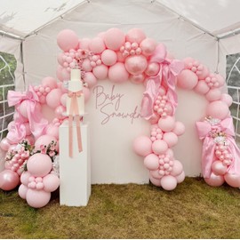 JZCZOEB 181Pcs Coquette Pink Bow Balloons Arch Garland Kit with Double Stuffed Pearl Pink 260 Balloons Pink Bows for Bachelorette Bridal Shower Bow Coquette Birthday Baby Shower Decorations
