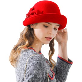 RZTA Women's Vintage 100% Wool Felt Cloche Bucket Bowler Hat Winter Vintage Bow Fedoras Church Fascinator Hat A09 Red