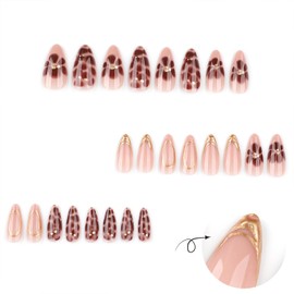 24Pcs Brown Press on Nails Medium Almond Fake Nails with Flower Gold Beads Line Star Designs Cute Floral Acrylic Nails Floral False Nails Gold French Artificial Nail Tips Stick on Nails for Women
