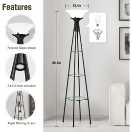 Floor Lamp with Shelves, 69” Tall Shelf Lamp with Remote Control, 3-Tier Glass Shelf Lamp, Dimmable Industrial Floor Lamps for Living Room, Bedroom, Home Office, 3 Color Temperatures Bulbs Included