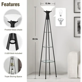 Floor Lamp with Shelves, 69” Tall Shelf Lamp with Remote Control, 3-Tier Glass Shelf Lamp, Dimmable Industrial Floor Lamps for Living Room, Bedroom, Home Office, 3 Color Temperatures Bulbs Included