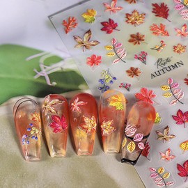Autumn Nail Art Stickers Fall Leaves Pumpkin Decals 3D Self-Adhesive Laser Nail Decals Fruit Maple Leaf Flower Charms for Acrylic Nails Yellow Red Nail Supplies for Women